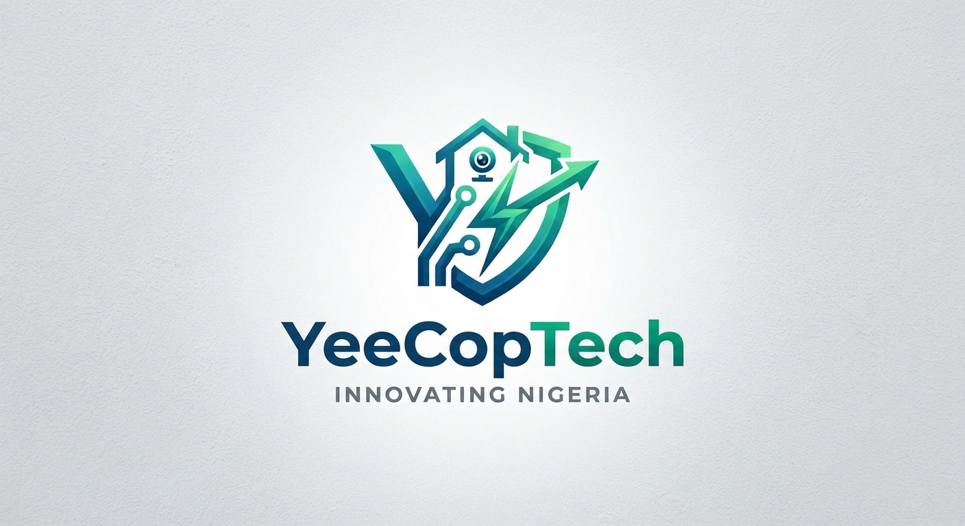 YeeCopTech logo with smart-home, circuit, security and energy symbols. Innovating Nigeria.